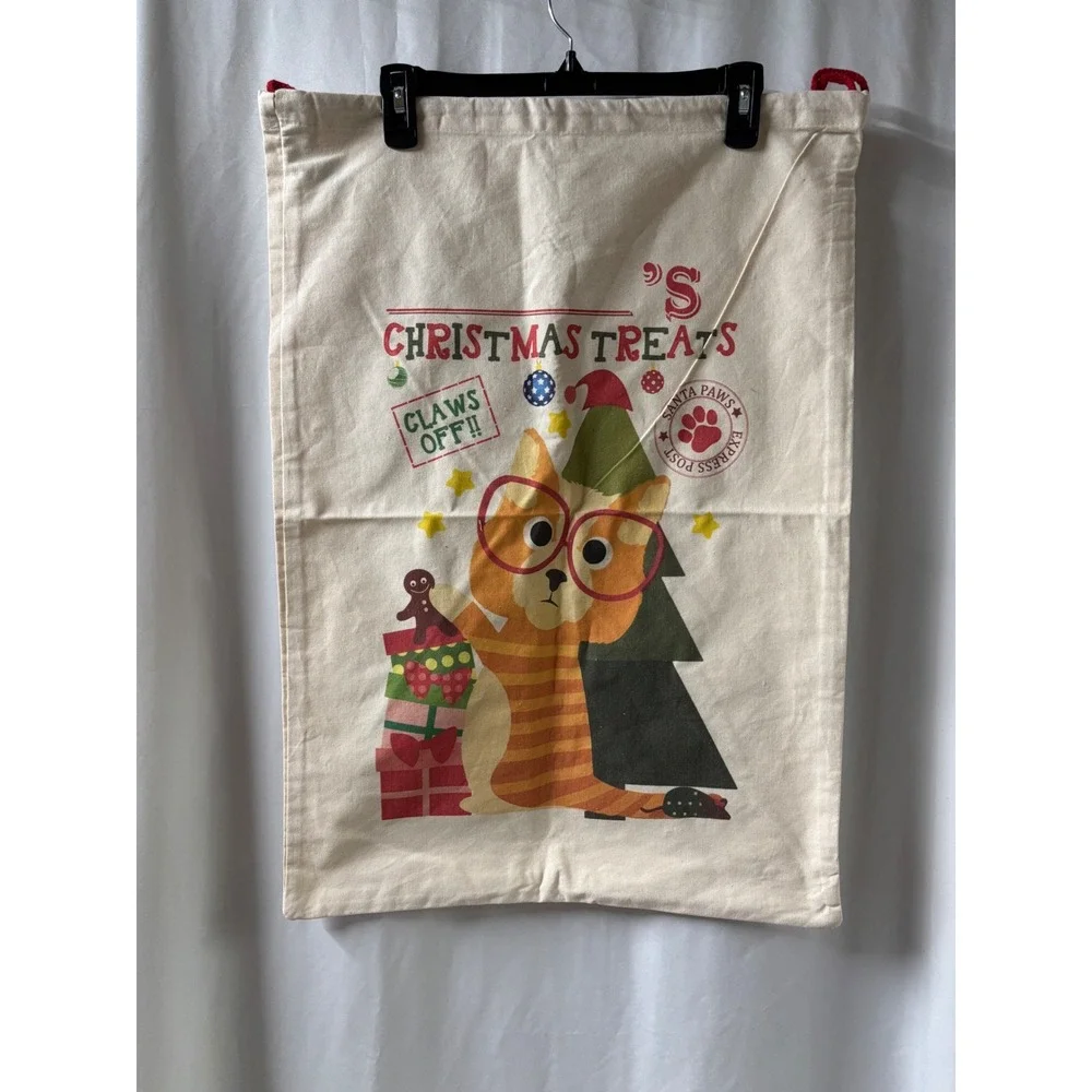 Christmas Santa Sack Bag Canvas Cute‎ Cat Dog Glasses Holiday Gift Holder NWOT